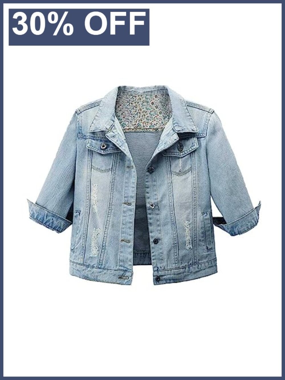 Women's Retro Distressed Denim Jacket 3/4 Sleeve Button Front Jean Coat
